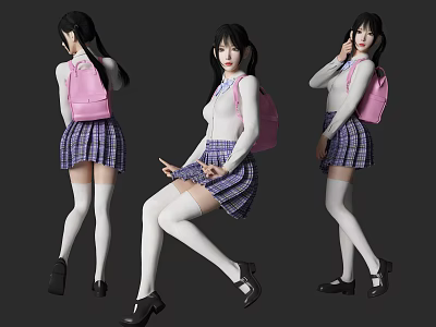 Woman In School Uniform Style With Purple Plaid Skirt Pink Backpack And Different Poses 3d model