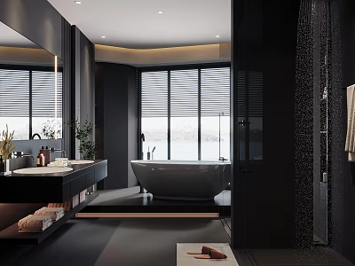 Modern Bathroom Interior With Freestanding Bathtub Large Mirror Window Blinds And Ambient Lighting 3d model