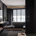 Modern Bathroom Interior With Freestanding Bathtub Large Mirror Window Blinds And Ambient Lighting