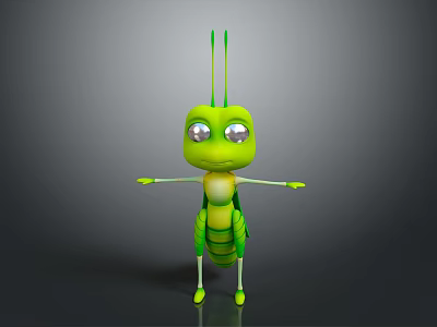 Green Cartoon Insect Character With Big Eyes Yellow Stripes And Gray Background 3d model