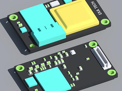 Electronic Circuit Boards Featuring Blue Yellow Components Small Electronic Parts And Green Mounting Holes 3d model