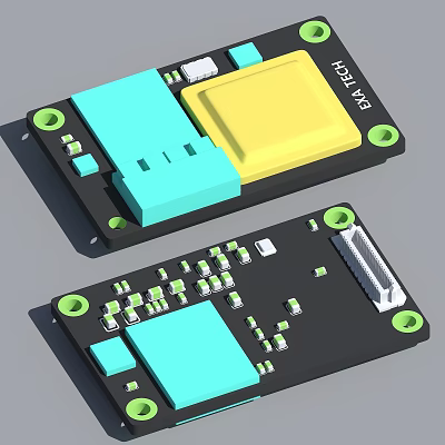 Electronic Circuit Boards Featuring Blue Yellow Components Small Electronic Parts And Green Mounting Holes 3d model