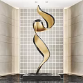 Modern Metallic Sculpture With Gold And Black Curved Shape In Grid Background Wall Entrance Hall