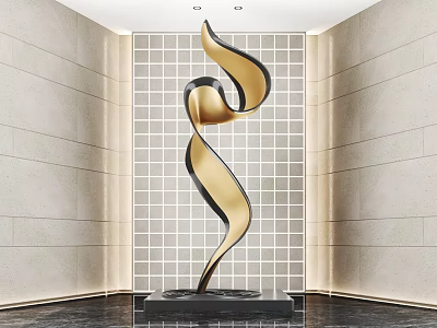 Modern Metallic Sculpture With Gold And Black Curved Shape In Grid Background Wall Entrance Hall 3d model