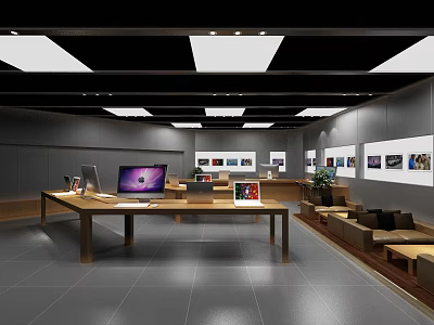 Modern Digital Store Interior With Laptop Displays Wooden Tables And Wall Showcases 3d model