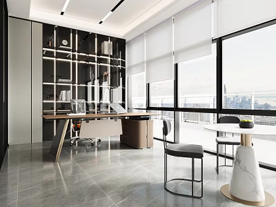 Modern Office Interior Design With Large Windows City View Desk Chairs And Shelving 3d model