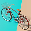 Red Bicycle With Brown Seat Metal Basket And Rear Rack On Blue Pink Gradient Background