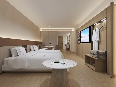 Modern Minimalist Hotel Guest Room Interior With Large Bed White Bedding Round Table And TV 3d model