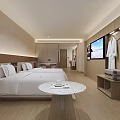 Modern Minimalist Hotel Guest Room Interior With Large Bed White Bedding Round Table And TV
