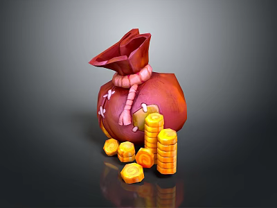 Red Drawstring Bag With Gold Coins Scattered Around On Dark Surface 3d model