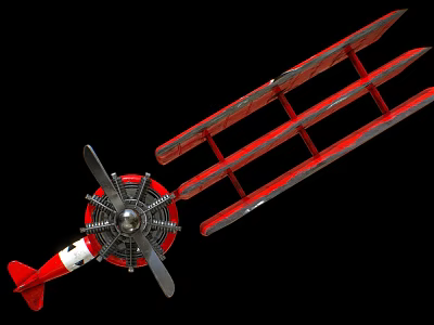 Red Vintage Biplane Weapon Featuring Spinning Propeller And Double Metal Wings Structure 3d model