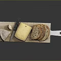 Assorted Cheese Blocks And Sliced Bread On Wooden Serving Board With Cheese Knife