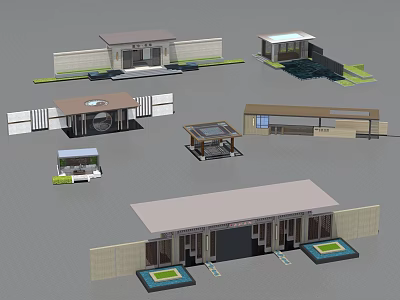 Various Modern Entrance Gate Designs With Stone Walls Roof Structures And Steps 3d model