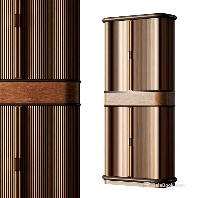 Modern Brown Wooden Entryway Side Cabinet With Vertical Slats And Decorative Band 3d model 