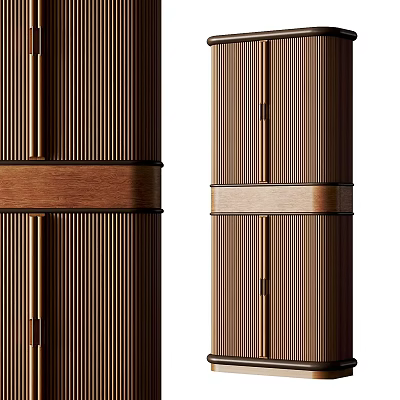 Modern Brown Wooden Entryway Side Cabinet With Vertical Slats And Decorative Band 3d model