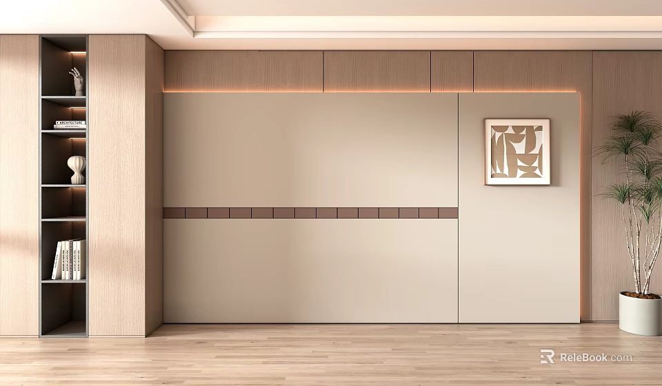 Modern Minimalist Sofa Background Wall With Wooden Accents And Art Decor 3d model 