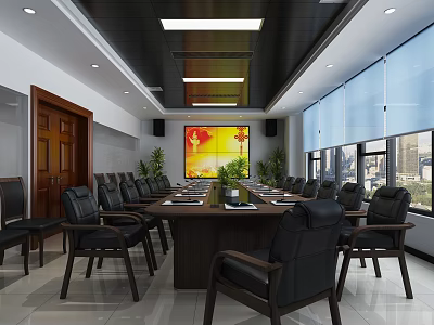 Modern Meeting Room Interior With Long Conference Table Black Leather Chairs And Windows 3d model
