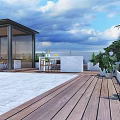 Sunny Outdoor Patio With Wooden Deck Marble Countertop Green Plants And Coastal View