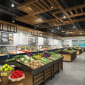 Supermarket Grocery Store Interior With Fresh Fruits Display On Wooden Shelves And Hanging Lamps