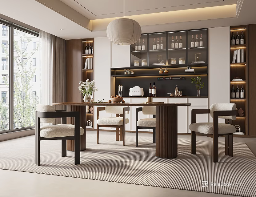 Modern Restaurant Interior With Pendant Light Dining Table Chairs Wine Cabinets And Large Windows 3d model