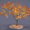 Autumn Tree Featuring Orange Yellow Leaves Red Fruits and Fallen Leaves on Gray Background