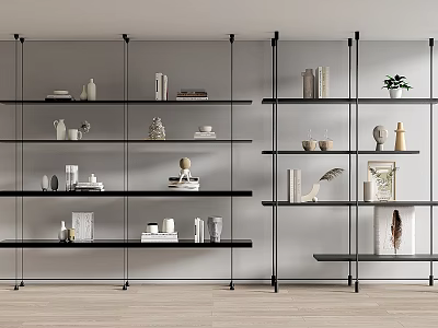 Modern Black Metal Frame Shelving Unit with Multiple Shelves and Decorative Items 3d model