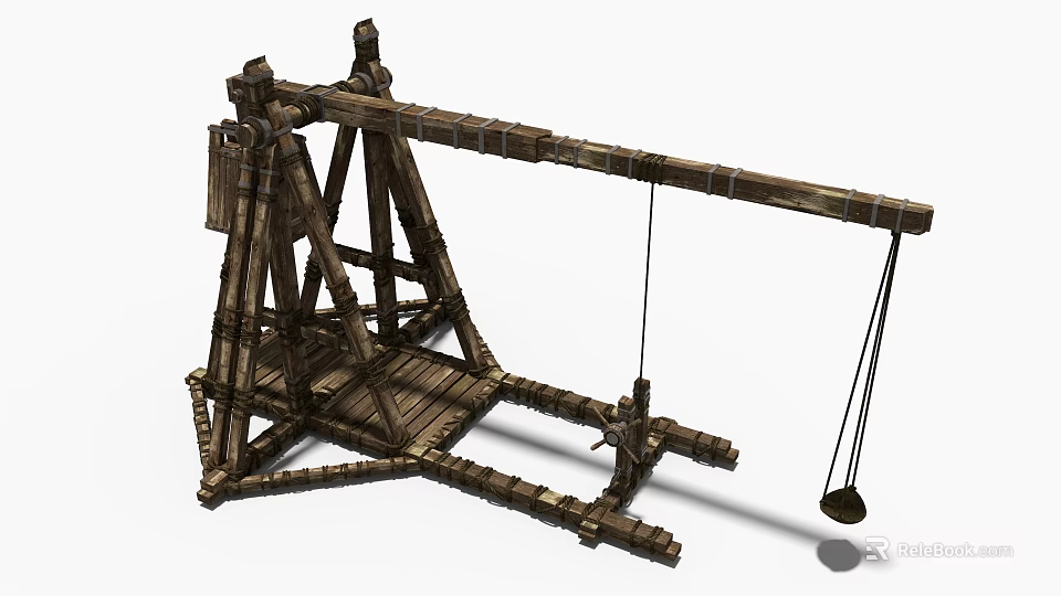 Medieval Wooden Catapult Weapon Featuring Triangular Frame and Swing Bucket Structure 3d model 