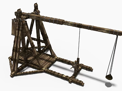 Medieval Wooden Catapult Weapon Featuring Triangular Frame and Swing Bucket Structure 3d model