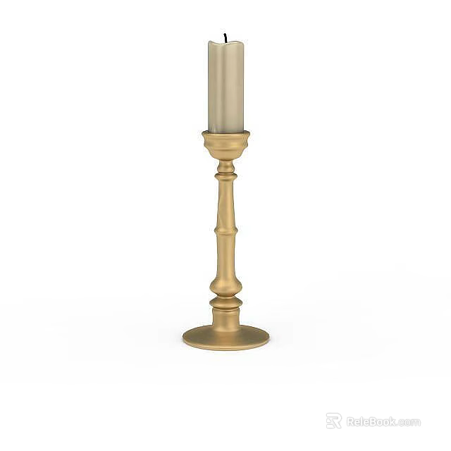 Golden Decorative Candlestick Featuring Cylindrical Candle Round Base And Ornate Column Design 3d model 