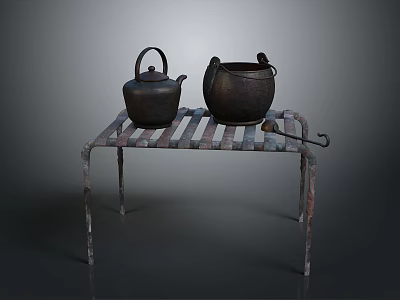 Vintage Metal Kettles On Rustic Iron Stand For Daily Living Supplies 3d model
