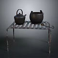 Vintage Metal Kettles On Rustic Iron Stand For Daily Living Supplies