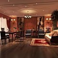 Luxurious Classic Interior Design With Chandelier Red Curtains Wooden Flooring And Leather Sofa