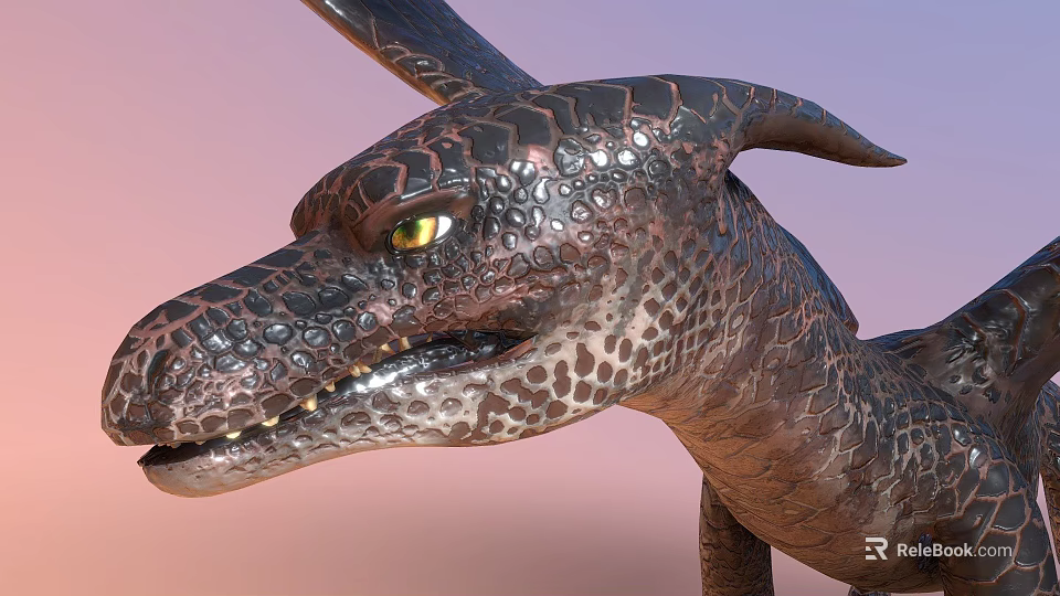 Mythical Dragon Head With Scaly Skin Yellow Eyes And Horns On Pastel Background 3d model 