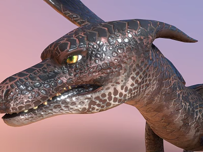 Mythical Dragon Head With Scaly Skin Yellow Eyes And Horns On Pastel Background 3d model