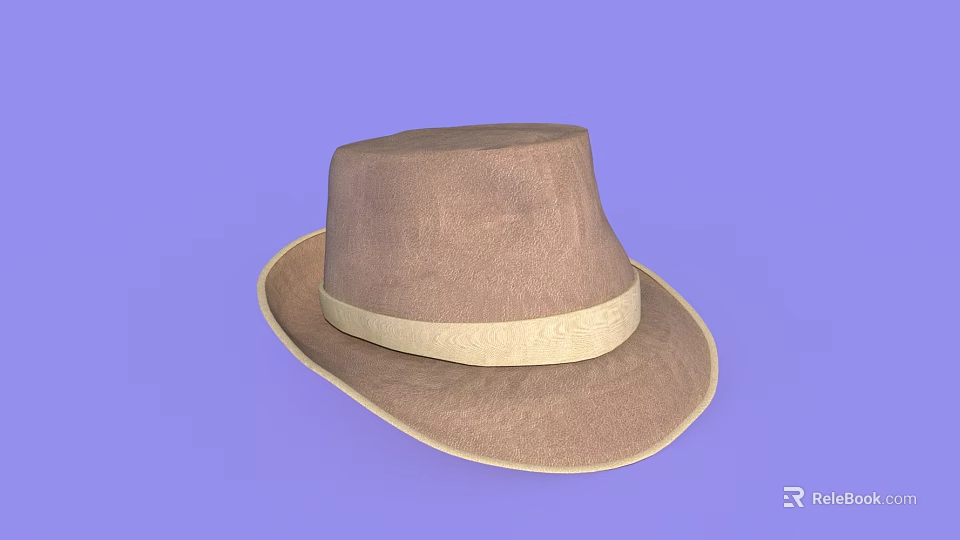 Fashionable Elegant Brown Wide Brim Hat With Beige Ribbon On Purple Background 3d model 