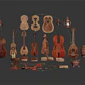 Collection Of Musical Instruments And Art Supplies Including Violins Guitars Paints Brushes And Tools