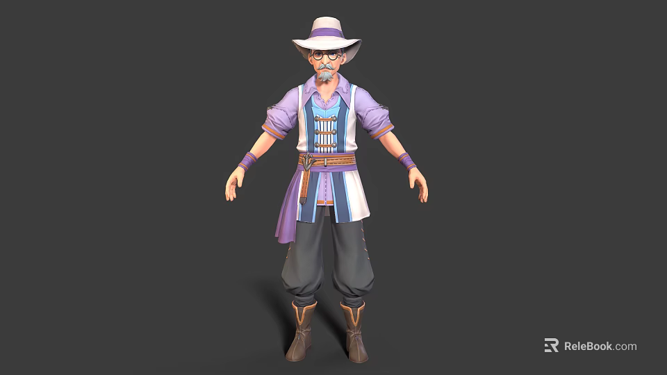 Bearded Male Character Standing In White Hat Purple Shirt Blue Vest Brown Boots 3d model 