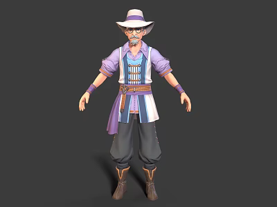 Bearded Male Character Standing In White Hat Purple Shirt Blue Vest Brown Boots 3d model