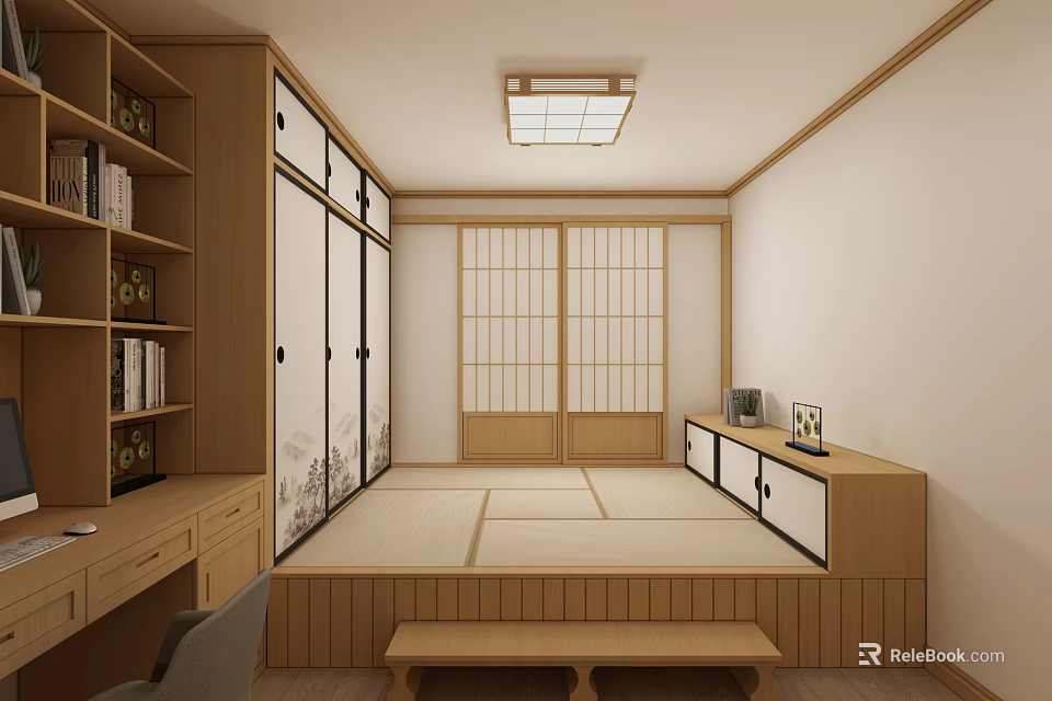 Tatami Bedroom Interior Design With Wooden Storage Cabinets Sliding Doors And Bookshelf 3d model 