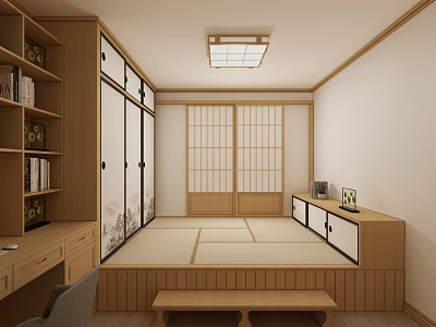 Tatami Bedroom Interior Design With Wooden Storage Cabinets Sliding Doors And Bookshelf 3d model