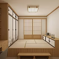 Tatami Bedroom Interior Design With Wooden Storage Cabinets Sliding Doors And Bookshelf