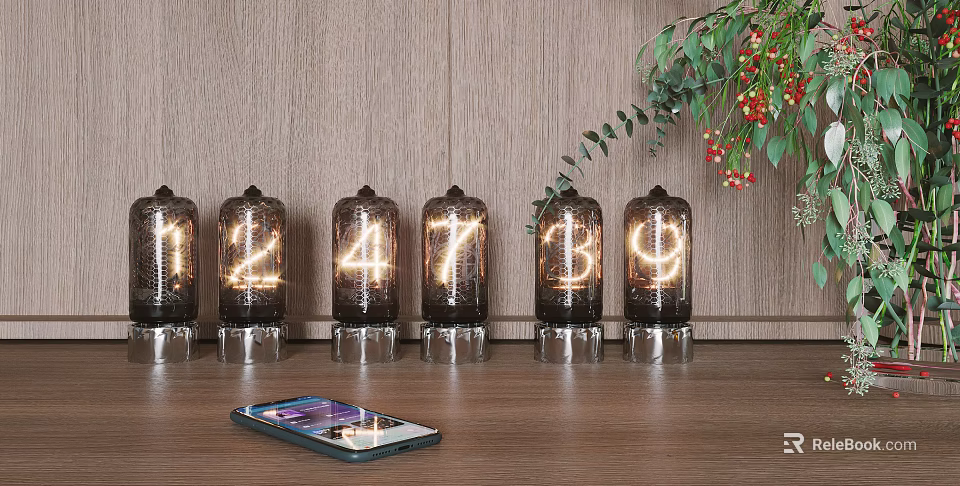 Modern Living Room With Wooden Accent Wall Nixie Tube Clock Smartphone Greenery And Red Berries 3d model 