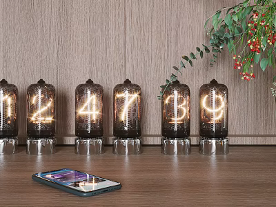 Modern Living Room With Wooden Accent Wall Nixie Tube Clock Smartphone Greenery And Red Berries 3d model