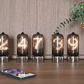 Modern Living Room With Wooden Accent Wall Nixie Tube Clock Smartphone Greenery And Red Berries