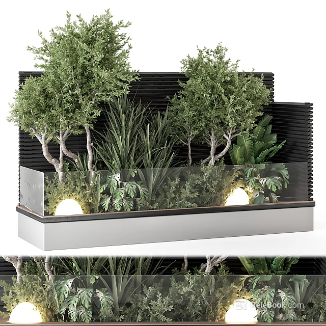 Lush Green Plants And Trees With Glass Railing And Lighting On Black Wall Planter 3d model 