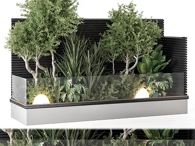 Lush Green Plants And Trees With Glass Railing And Lighting On Black Wall Planter 3d model