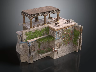 Ancient Stone Building With Columned Roof Terrace Vines Covered Walls And Railing Details 3d model