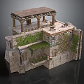 Ancient Stone Building With Columned Roof Terrace Vines Covered Walls And Railing Details