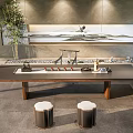 Modern Style Tea Table and Chairs with Landscape Painting Green Plant and Two Round Stools