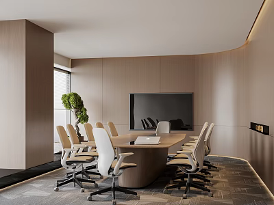 Modern Conference Room Interior With Round Table Beige Chairs Large Screen TV And Green Plant 3d model